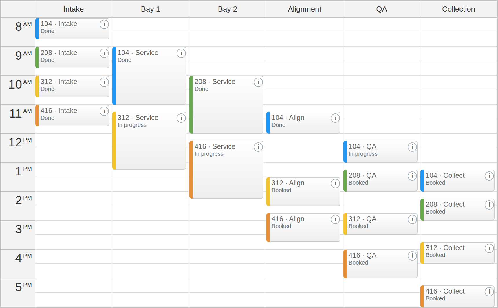 DayPilot Lite vehicle-service calendar with four softly colored work orders, booking statuses, native information controls and resource handover gaps.